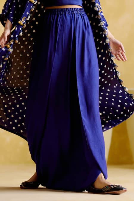 Buy 5elements Blue Modal Satin Embellished Bandhani Jacket Malini Work Draped Skirt Set Online at Aza Fashions Buy_5elements_Blue Modal Satin Embellished Bandhani Jacket Malini Work Draped Skirt Set _Online_at_Aza_Fashions