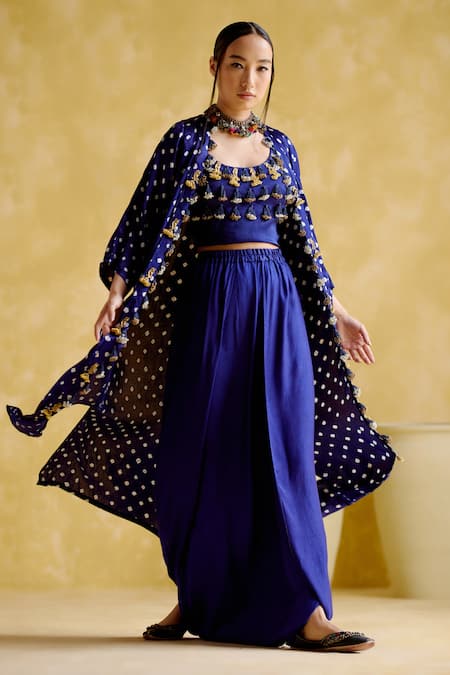 Shop 5elements Blue Modal Satin Embellished Bandhani Jacket Malini Work Draped Skirt Set Online at Aza Fashions Shop_5elements_Blue Modal Satin Embellished Bandhani Jacket Malini Work Draped Skirt Set _Online_at_Aza_Fashions