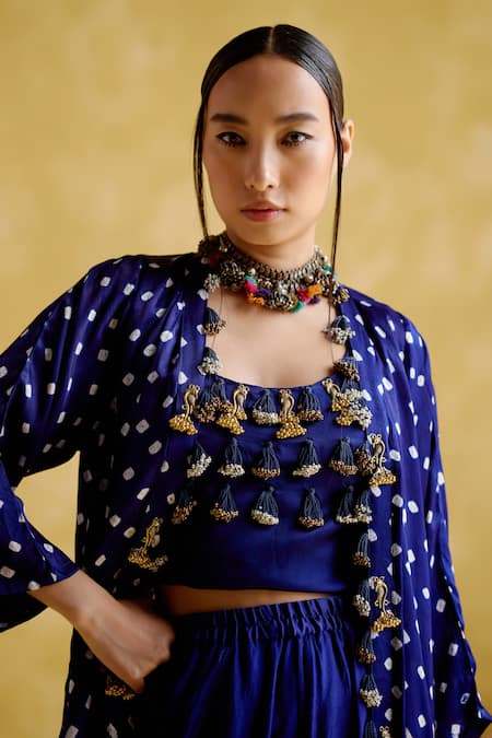 Buy 5elements Blue Modal Satin Embellished Bandhani Jacket Malini Work Draped Skirt Set Buy_5elements_Blue Modal Satin Embellished Bandhani Jacket Malini Work Draped Skirt Set