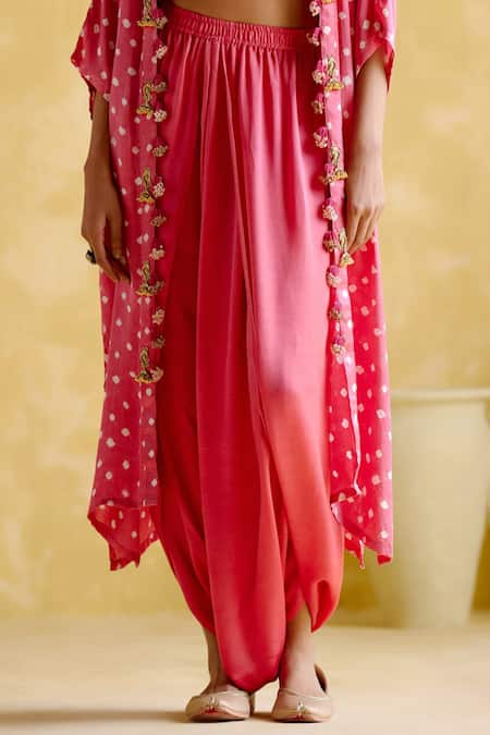 5elements Pink Modal Satin Embellished Bandhani Malini Pattern Overlay Draped Skirt Set Online at Aza Fashions 5elements_Pink Modal Satin Embellished Bandhani Malini Pattern Overlay Draped Skirt Set _Online_at_Aza_Fashions