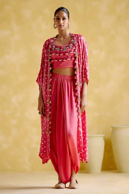 Buy 5elements Pink Modal Satin Embellished Bandhani Malini Pattern Overlay Draped Skirt Set Online at Aza Fashions Buy_5elements_Pink Modal Satin Embellished Bandhani Malini Pattern Overlay Draped Skirt Set _Online_at_Aza_Fashions