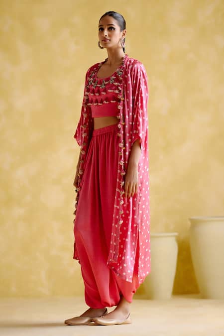 Shop 5elements Pink Modal Satin Embellished Bandhani Malini Pattern Overlay Draped Skirt Set Online at Aza Fashions Shop_5elements_Pink Modal Satin Embellished Bandhani Malini Pattern Overlay Draped Skirt Set _Online_at_Aza_Fashions