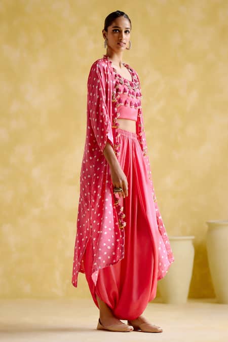 5elements Pink Modal Satin Embellished Bandhani Malini Pattern Overlay Draped Skirt Set at Aza Fashions 5elements_Pink Modal Satin Embellished Bandhani Malini Pattern Overlay Draped Skirt Set _at_Aza_Fashions