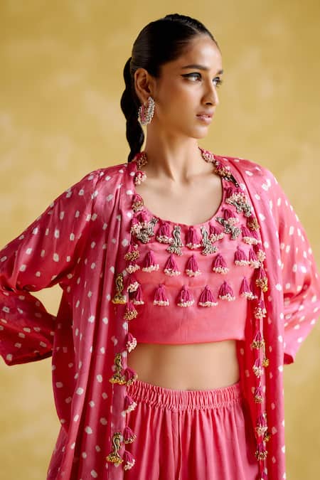 Buy 5elements Pink Modal Satin Embellished Bandhani Malini Pattern Overlay Draped Skirt Set Buy_5elements_Pink Modal Satin Embellished Bandhani Malini Pattern Overlay Draped Skirt Set