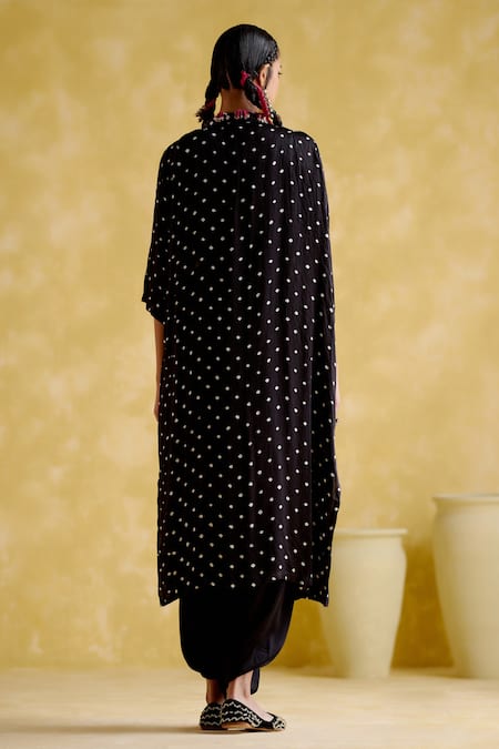 Shop 5elements Black Modal Satin Embellished Bandhani Malini Work Overlay Draped Skirt Set at Aza Fashions Shop_5elements_Black Modal Satin Embellished Bandhani Malini Work Overlay Draped Skirt Set _at_Aza_Fashions