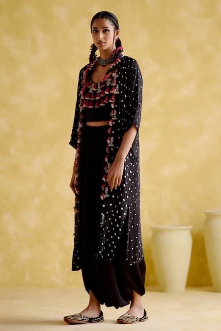 5elements Black Modal Satin Embellished Bandhani Malini Work Overlay Draped Skirt Set Online at Aza Fashions 5elements_Black Modal Satin Embellished Bandhani Malini Work Overlay Draped Skirt Set _Online_at_Aza_Fashions