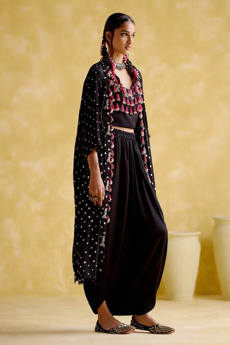 Buy 5elements Black Modal Satin Embellished Bandhani Malini Work Overlay Draped Skirt Set Online at Aza Fashions Buy_5elements_Black Modal Satin Embellished Bandhani Malini Work Overlay Draped Skirt Set _Online_at_Aza_Fashions