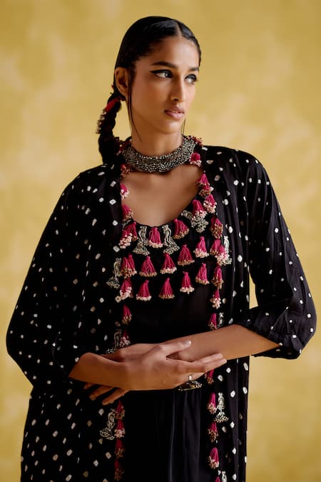 Shop 5elements Black Modal Satin Embellished Bandhani Malini Work Overlay Draped Skirt Set Online at Aza Fashions Shop_5elements_Black Modal Satin Embellished Bandhani Malini Work Overlay Draped Skirt Set _Online_at_Aza_Fashions