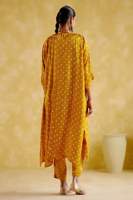 Shop 5elements Yellow Modal Satin Embellished Bandhani Malini Pattern Overlay Pant Set at Aza Fashions Shop_5elements_Yellow Modal Satin Embellished Bandhani Malini Pattern Overlay Pant Set _at_Aza_Fashions