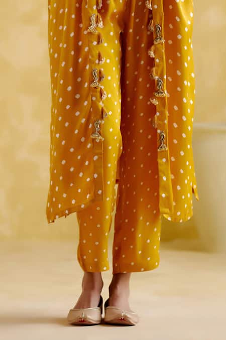 5elements Yellow Modal Satin Embellished Bandhani Malini Pattern Overlay Pant Set Online at Aza Fashions 5elements_Yellow Modal Satin Embellished Bandhani Malini Pattern Overlay Pant Set _Online_at_Aza_Fashions