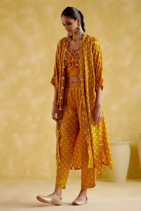 Buy 5elements Yellow Modal Satin Embellished Bandhani Malini Pattern Overlay Pant Set Online at Aza Fashions Buy_5elements_Yellow Modal Satin Embellished Bandhani Malini Pattern Overlay Pant Set _Online_at_Aza_Fashions