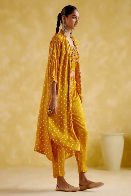 Shop 5elements Yellow Modal Satin Embellished Bandhani Malini Pattern Overlay Pant Set Online at Aza Fashions Shop_5elements_Yellow Modal Satin Embellished Bandhani Malini Pattern Overlay Pant Set _Online_at_Aza_Fashions