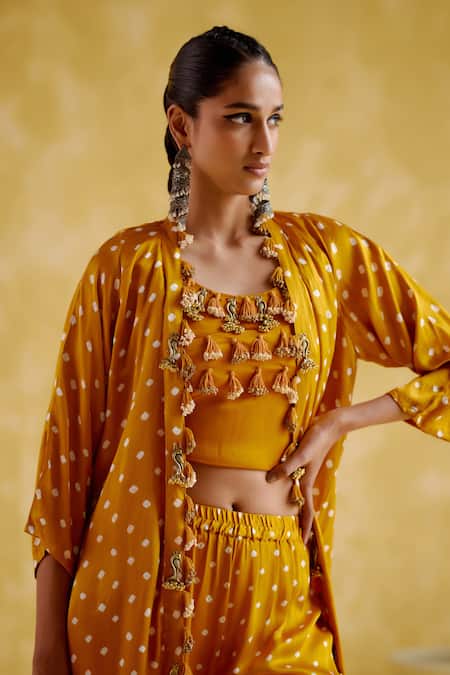 5elements Yellow Modal Satin Embellished Bandhani Malini Pattern Overlay Pant Set at Aza Fashions 5elements_Yellow Modal Satin Embellished Bandhani Malini Pattern Overlay Pant Set _at_Aza_Fashions