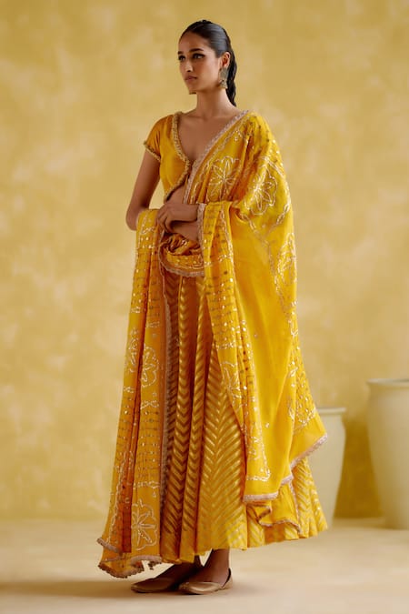 5elements_Yellow , Georgette, Organza Gota Patti, Anvi Embellished Lehenga Set _Online_at_Aza_Fashions