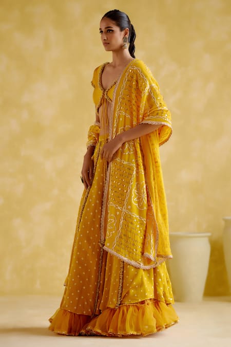 Buy_5elements_Yellow , Viscose, Organza Gota Aparna Bandhani Pattern Lehenga Set _Online_at_Aza_Fashions