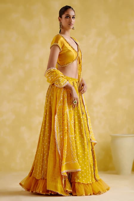 Shop_5elements_Yellow , Viscose, Organza Gota Aparna Bandhani Pattern Lehenga Set _Online_at_Aza_Fashions