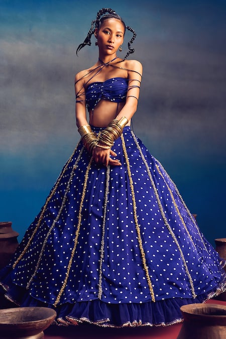 Shop_5elements_Blue Silk Organza Embroidery, Aparna Bandhani Pattern Lehenga And Blouse Set _at_Aza_Fashions