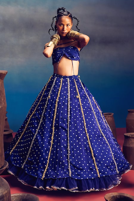 Buy_5elements_Blue Silk Organza Embroidery, Aparna Bandhani Pattern Lehenga And Blouse Set _Online_at_Aza_Fashions