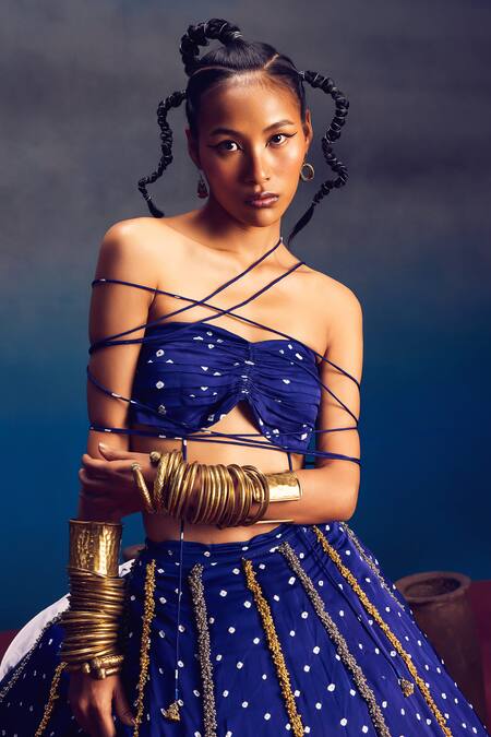 Shop_5elements_Blue Silk Organza Embroidery, Aparna Bandhani Pattern Lehenga And Blouse Set _Online_at_Aza_Fashions
