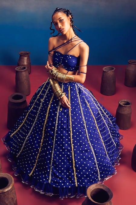 5elements_Blue Silk Organza Embroidery, Aparna Bandhani Pattern Lehenga And Blouse Set _at_Aza_Fashions