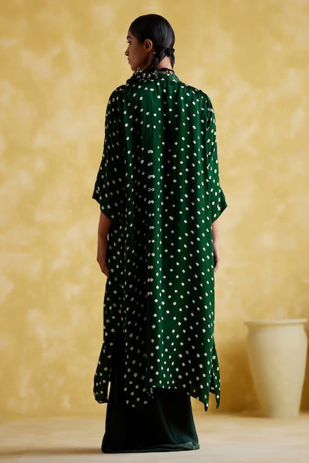 Shop 5elements Green Modal Satin Embellished Bandhani Malini Pattern Overlay Skirt Set at Aza Fashions Shop_5elements_Green Modal Satin Embellished Bandhani Malini Pattern Overlay Skirt Set _at_Aza_Fashions