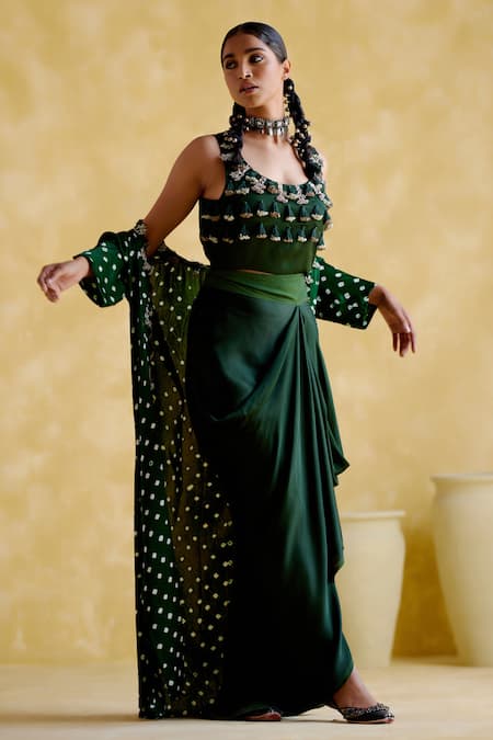 Buy 5elements Green Modal Satin Embellished Bandhani Malini Pattern Overlay Skirt Set Online at Aza Fashions Buy_5elements_Green Modal Satin Embellished Bandhani Malini Pattern Overlay Skirt Set _Online_at_Aza_Fashions