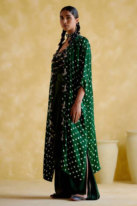 Shop 5elements Green Modal Satin Embellished Bandhani Malini Pattern Overlay Skirt Set Online at Aza Fashions Shop_5elements_Green Modal Satin Embellished Bandhani Malini Pattern Overlay Skirt Set _Online_at_Aza_Fashions