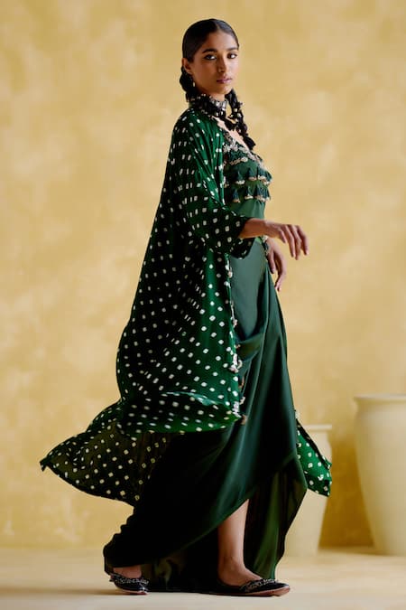 5elements Green Modal Satin Embellished Bandhani Malini Pattern Overlay Skirt Set at Aza Fashions 5elements_Green Modal Satin Embellished Bandhani Malini Pattern Overlay Skirt Set _at_Aza_Fashions