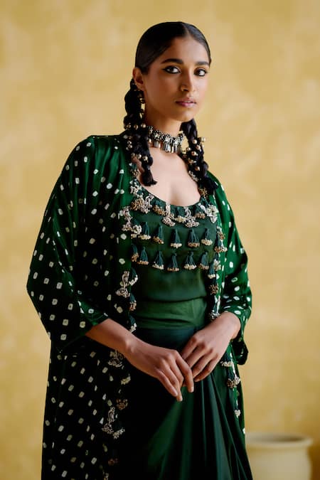 Buy 5elements Green Modal Satin Embellished Bandhani Malini Pattern Overlay Skirt Set Buy_5elements_Green Modal Satin Embellished Bandhani Malini Pattern Overlay Skirt Set