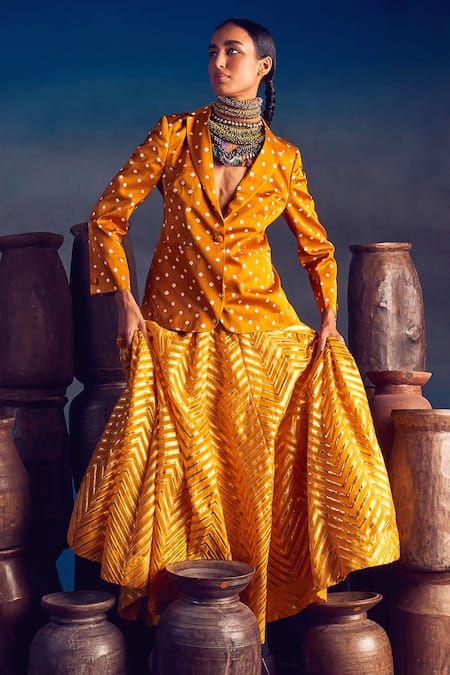 5elements Yellow Modal, Satin Aadrika Bandhani Pattern Blazer Online at Aza Fashions 5elements_Yellow Modal, Satin Aadrika Bandhani Pattern Blazer _Online_at_Aza_Fashions