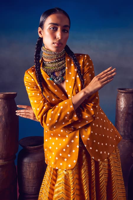 5elements Yellow Modal, Satin Aadrika Bandhani Pattern Blazer at Aza Fashions 5elements_Yellow Modal, Satin Aadrika Bandhani Pattern Blazer _at_Aza_Fashions