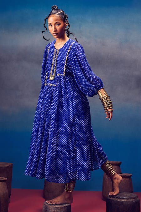 Shop 5elements Blue Modal, Satin Sequins Round Neck Cronus Leheriya Print Dress at Aza Fashions Shop_5elements_Blue Modal, Satin Sequins Round Neck Cronus Leheriya Print Dress _at_Aza_Fashions