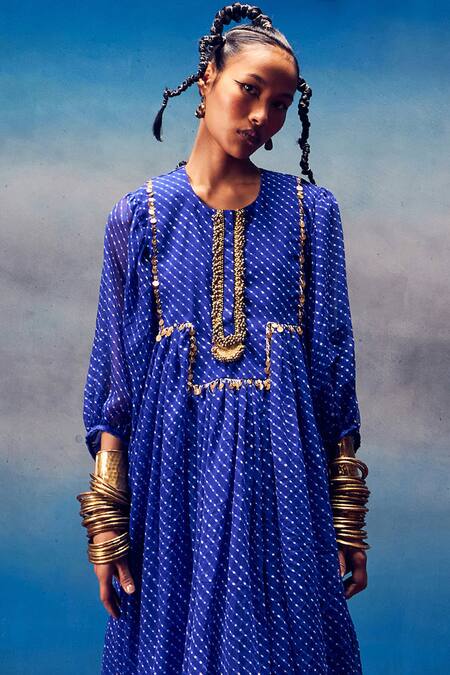 5elements Blue Modal, Satin Sequins Round Neck Cronus Leheriya Print Dress Online at Aza Fashions 5elements_Blue Modal, Satin Sequins Round Neck Cronus Leheriya Print Dress _Online_at_Aza_Fashions