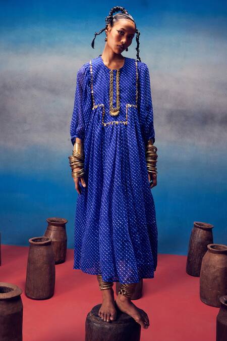 Buy 5elements Blue Modal, Satin Sequins Round Neck Cronus Leheriya Print Dress Online at Aza Fashions Buy_5elements_Blue Modal, Satin Sequins Round Neck Cronus Leheriya Print Dress _Online_at_Aza_Fashions