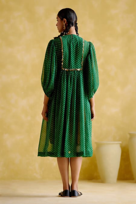 Shop 5elements Green Modal, Satin Sequins Round Neck Cronus Ghungroo Embellished Dress at Aza Fashions Shop_5elements_Green Modal, Satin Sequins Round Neck Cronus Ghungroo Embellished Dress _at_Aza_Fashions