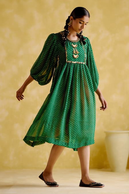 5elements Green Modal, Satin Sequins Round Neck Cronus Ghungroo Embellished Dress Online at Aza Fashions 5elements_Green Modal, Satin Sequins Round Neck Cronus Ghungroo Embellished Dress _Online_at_Aza_Fashions