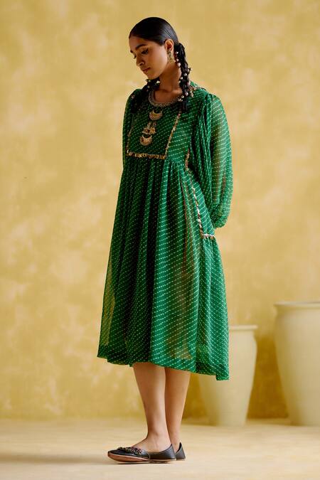 Buy 5elements Green Modal, Satin Sequins Round Neck Cronus Ghungroo Embellished Dress Online at Aza Fashions Buy_5elements_Green Modal, Satin Sequins Round Neck Cronus Ghungroo Embellished Dress _Online_at_Aza_Fashions