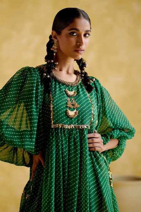 Shop 5elements Green Modal, Satin Sequins Round Neck Cronus Ghungroo Embellished Dress Online at Aza Fashions Shop_5elements_Green Modal, Satin Sequins Round Neck Cronus Ghungroo Embellished Dress _Online_at_Aza_Fashions