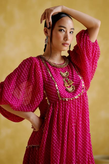 Shop 5elements Purple Leather Sequins Round Neck Cronus Leheriya Pattern Dress Online at Aza Fashions Shop_5elements_Purple Leather Sequins Round Neck Cronus Leheriya Pattern Dress _Online_at_Aza_Fashions