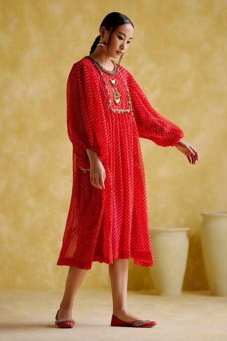 Buy 5elements Red Sequins Round Neck Cronus Printed Midi Dress Online at Aza Fashions Buy_5elements_Red Sequins Round Neck Cronus Printed Midi Dress _Online_at_Aza_Fashions