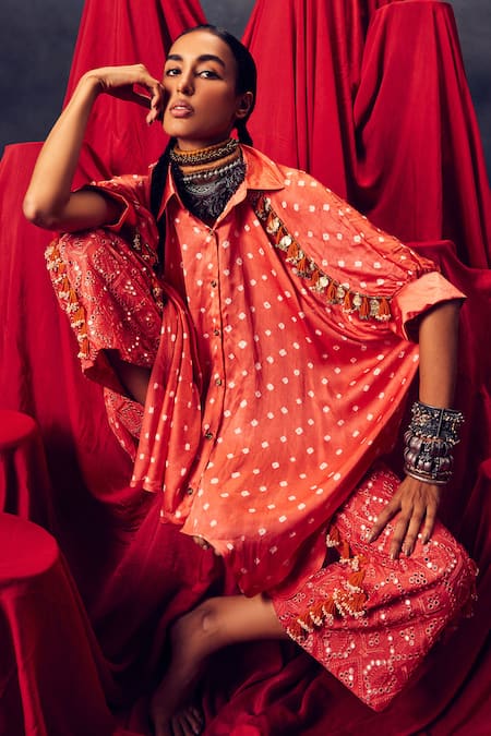 Shop_5elements_Orange Modal, Satin Embroidery Collared Leander Bandhani Pattern Kaftan _at_Aza_Fashions