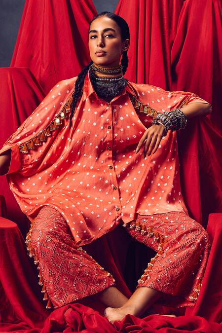 5elements_Orange Modal, Satin Embroidery Collared Leander Bandhani Pattern Kaftan _Online_at_Aza_Fashions