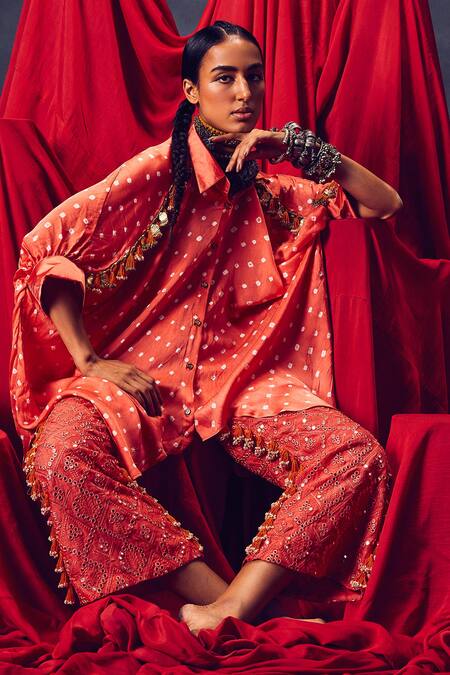 Buy_5elements_Orange Modal, Satin Embroidery Collared Leander Bandhani Pattern Kaftan _Online_at_Aza_Fashions