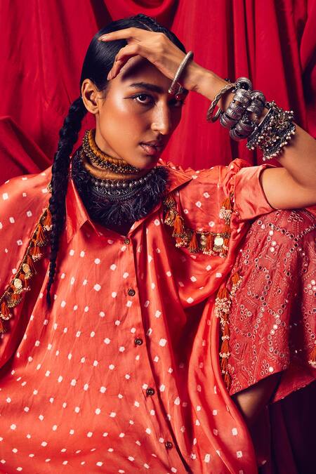 5elements_Orange Modal, Satin Embroidery Collared Leander Bandhani Pattern Kaftan _at_Aza_Fashions