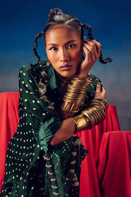 5elements_Green Modal, Satin Beads, Tassels Collared Bandhani Pattern Kaftan _at_Aza_Fashions