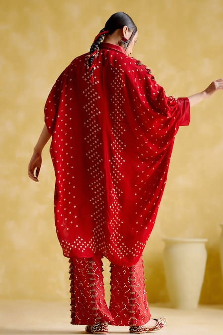 Shop_5elements_Red Modal, Satin Beads, Embroidery Collared Coin Tassel Embellished Kaftan _at_Aza_Fashions
