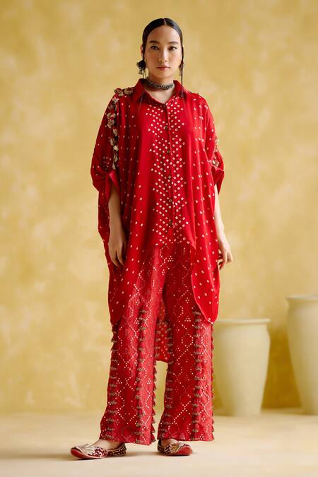 5elements_Red Modal, Satin Beads, Embroidery Collared Coin Tassel Embellished Kaftan _Online_at_Aza_Fashions