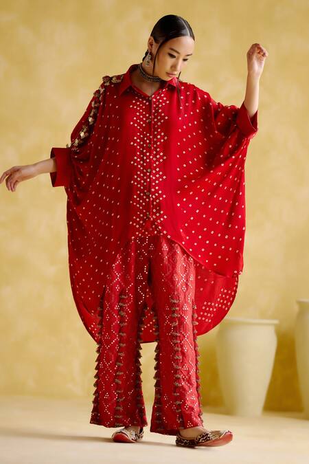 Buy_5elements_Red Modal, Satin Beads, Embroidery Collared Coin Tassel Embellished Kaftan _Online_at_Aza_Fashions
