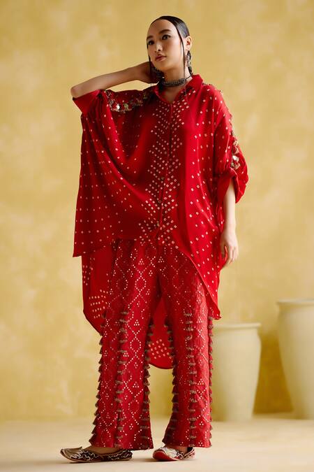 Shop_5elements_Red Modal, Satin Beads, Embroidery Collared Coin Tassel Embellished Kaftan _Online_at_Aza_Fashions
