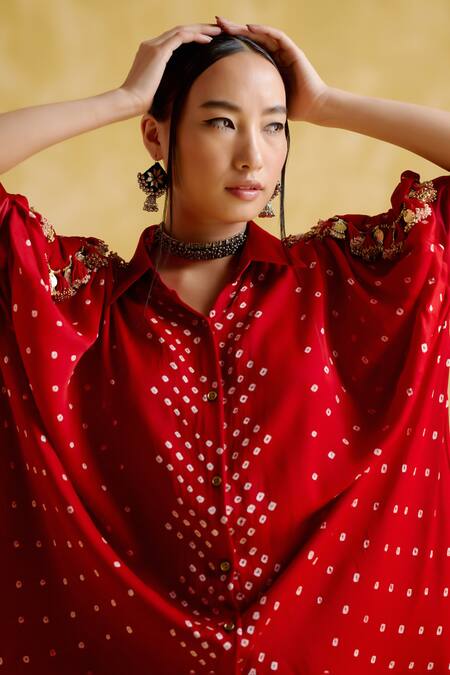 5elements_Red Modal, Satin Beads, Embroidery Collared Coin Tassel Embellished Kaftan _at_Aza_Fashions